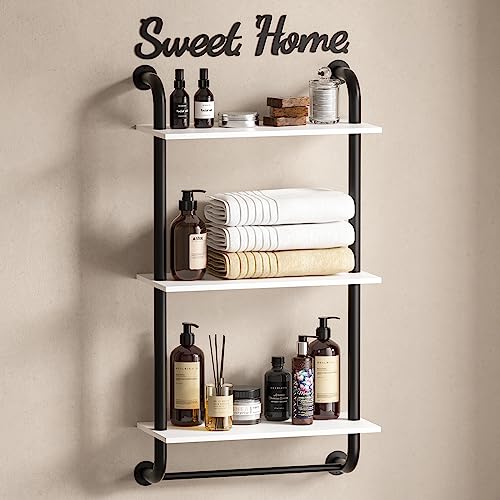 Tinpin Wall Shelves 3Tier Bathroom Shelves Over Toilet Rustic Industrial Pipe Shelf Farmhouse Bathroom Decor Floating Shelf Wall Decor for Bedroom Living Room 173 inch White - Image 1