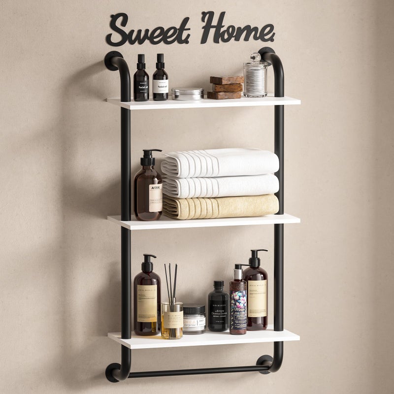 Tinpin Wall Shelves 3Tier Bathroom Shelves Over Toilet Rustic Industrial Pipe Shelf Farmhouse Bathroom Decor Floating Shelf Wall Decor for Bedroom Living Room 173 inch White - Image 2