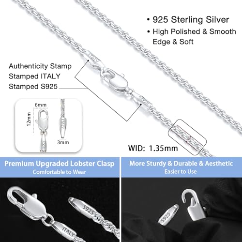 Jewlpire Diamond Cut 925 Sterling Silver Chain Rope Chain Italian Silver Necklace Chain for Women Men Super Shiny Durable 1.35mm Size 24 Inch - Image 3