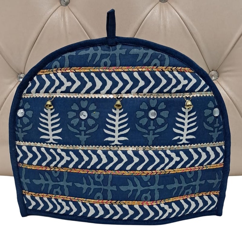 POSHMANDALA Poshmandala Rajasthani Handmade Tea Cozy 100 Cotton Dabu Print with Mirror Kasida Kaudi Work Insulated Kettle Warmer for Tea Coffee Kitchen Dcor 14x11 Inches Blue Gotta Patti  - Image 1