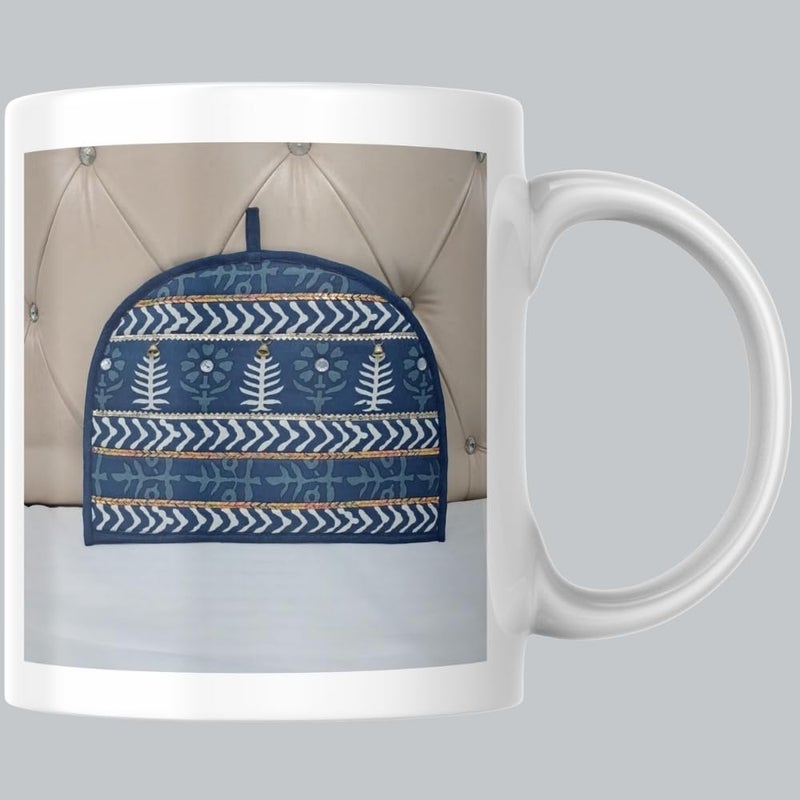 POSHMANDALA Poshmandala Rajasthani Handmade Tea Cozy 100 Cotton Dabu Print with Mirror Kasida Kaudi Work Insulated Kettle Warmer for Tea Coffee Kitchen Dcor 14x11 Inches Blue Gotta Patti  - Image 2