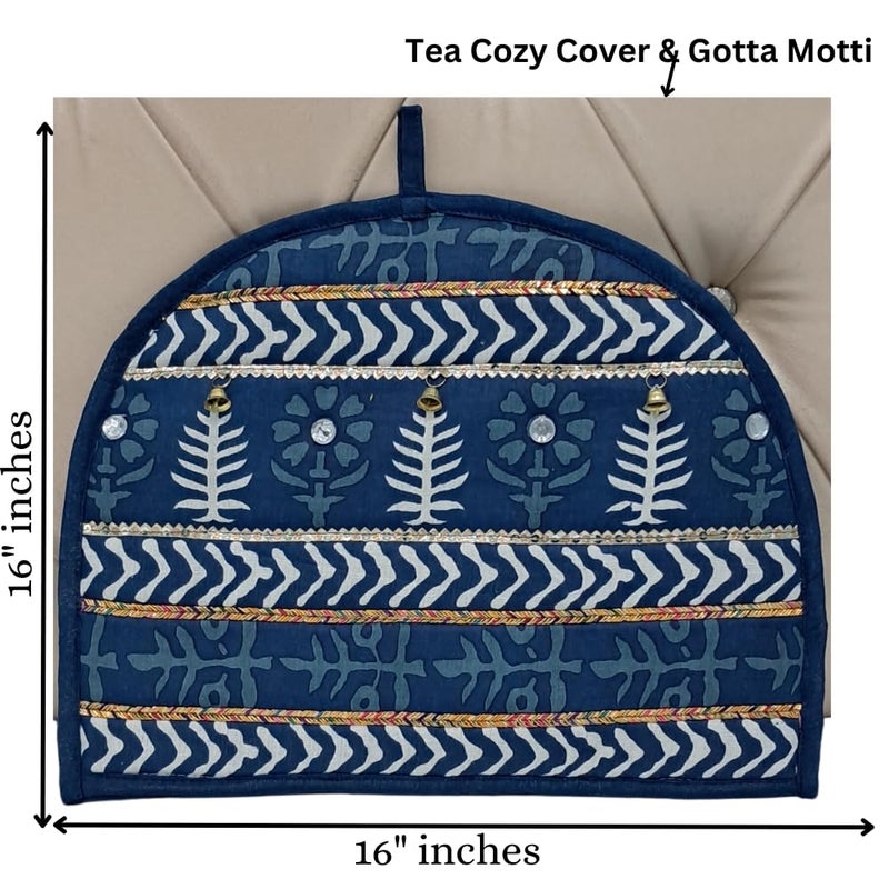 POSHMANDALA Poshmandala Rajasthani Handmade Tea Cozy 100 Cotton Dabu Print with Mirror Kasida Kaudi Work Insulated Kettle Warmer for Tea Coffee Kitchen Dcor 14x11 Inches Blue Gotta Patti  - Image 5