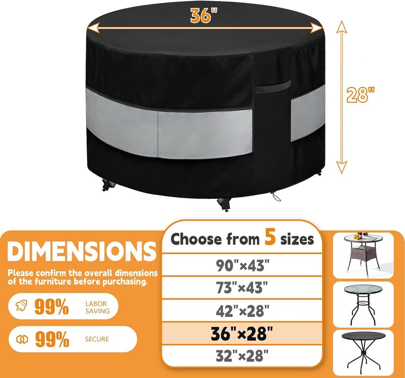 Wnanan Round Patio Furniture Cover Black Grey Waterproof Up to 10000pa for 36 x 28 Inch Outdoor Round Dinner Table Covers - Image 2