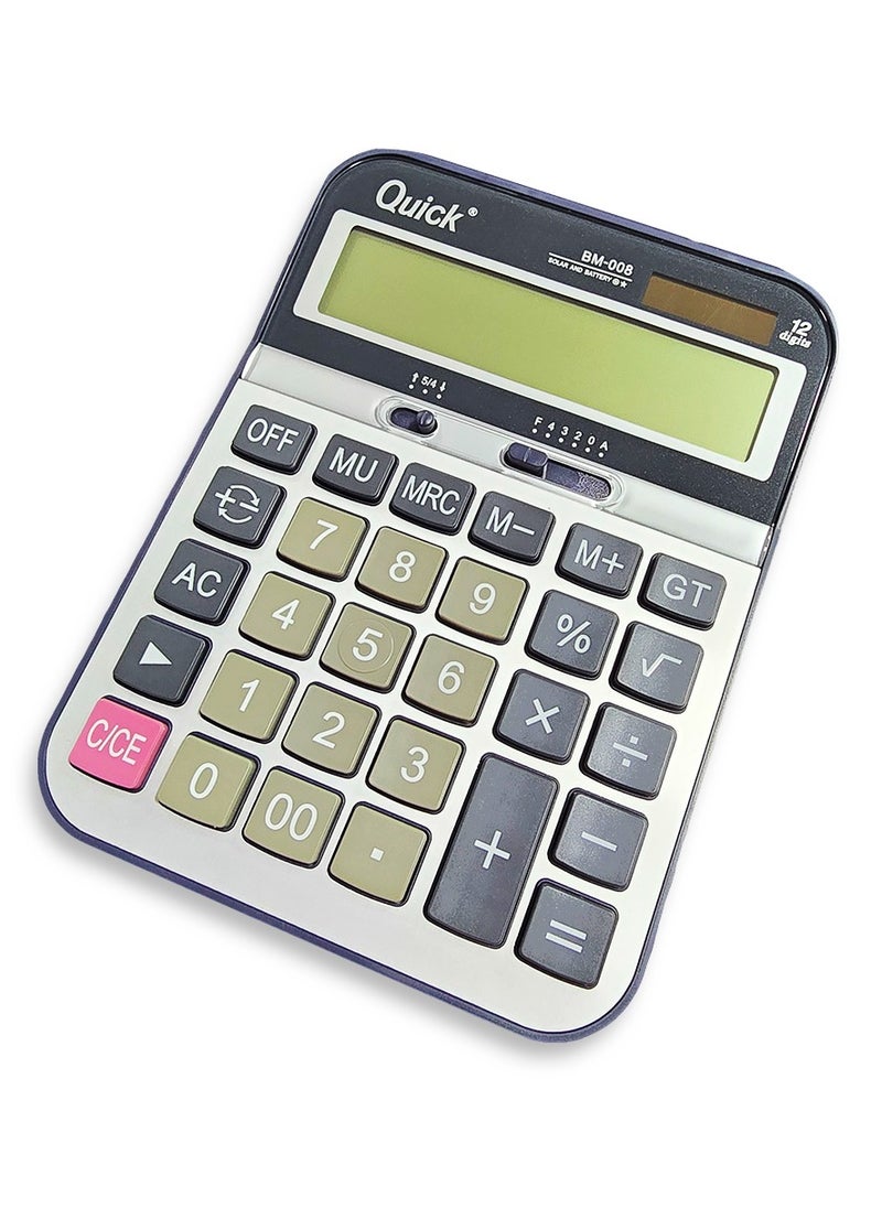 Desktop calculator, D-2012M, for solving mathematical operations, dual power, with a large LCD screen for offices, accountants, and personal use at home or school.