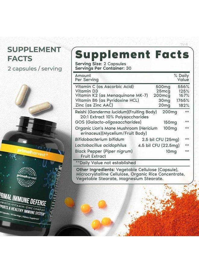 Primal Harvest Primal Harvest Primal Immune Defense 10 in 1 Immune Support Supplement 60 Capsules Immune Vitamins, with 7 Billion CFU Pre and Probiotics, Zinc, VIT C, B6, D3, K2 - Immune Boosters for Adults  - Image 2