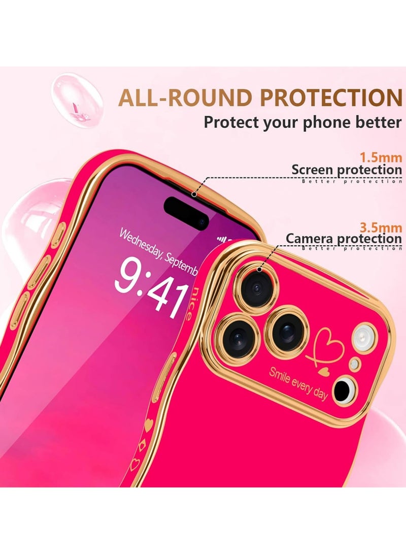 PULUZ iPhone 17 Pro Max Case for Women Girls, Cute Wave Frame Curly Shape with Love Heart Raised Camera Protection Cover Luxury Plating Shockproof Phone Case for iPhone 17 Pro Max, Hot Pink - Image 4