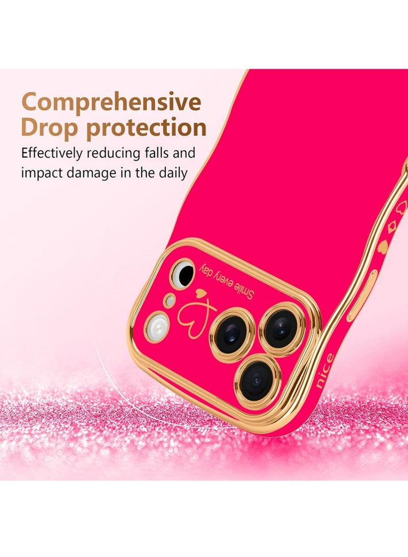 PULUZ iPhone 17 Pro Max Case for Women Girls, Cute Wave Frame Curly Shape with Love Heart Raised Camera Protection Cover Luxury Plating Shockproof Phone Case for iPhone 17 Pro Max, Hot Pink - Image 3