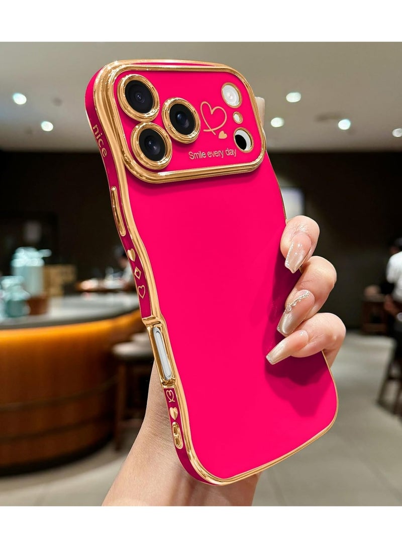 PULUZ iPhone 17 Pro Max Case for Women Girls, Cute Wave Frame Curly Shape with Love Heart Raised Camera Protection Cover Luxury Plating Shockproof Phone Case for iPhone 17 Pro Max, Hot Pink - Image 2