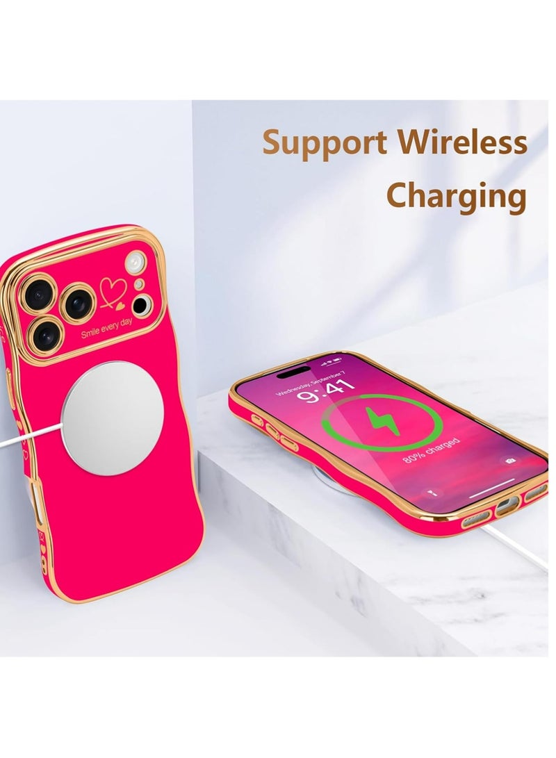 PULUZ iPhone 17 Pro Max Case for Women Girls, Cute Wave Frame Curly Shape with Love Heart Raised Camera Protection Cover Luxury Plating Shockproof Phone Case for iPhone 17 Pro Max, Hot Pink - Image 5