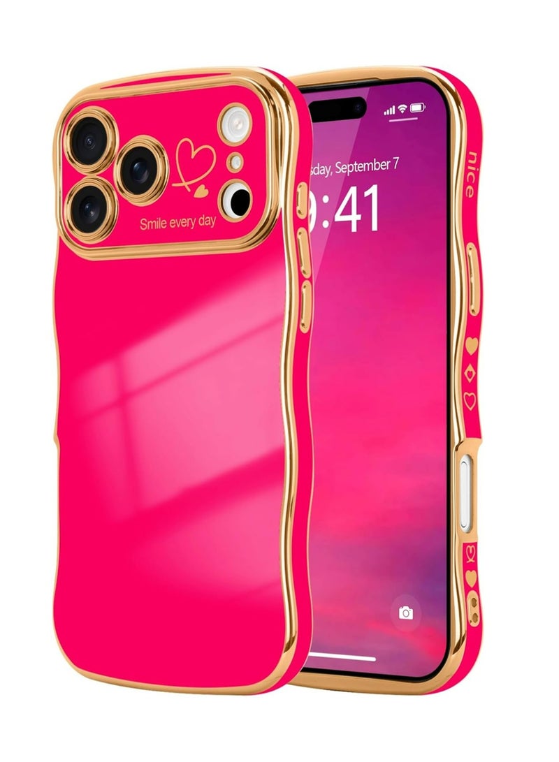PULUZ iPhone 17 Pro Max Case for Women Girls, Cute Wave Frame Curly Shape with Love Heart Raised Camera Protection Cover Luxury Plating Shockproof Phone Case for iPhone 17 Pro Max, Hot Pink - Image 1