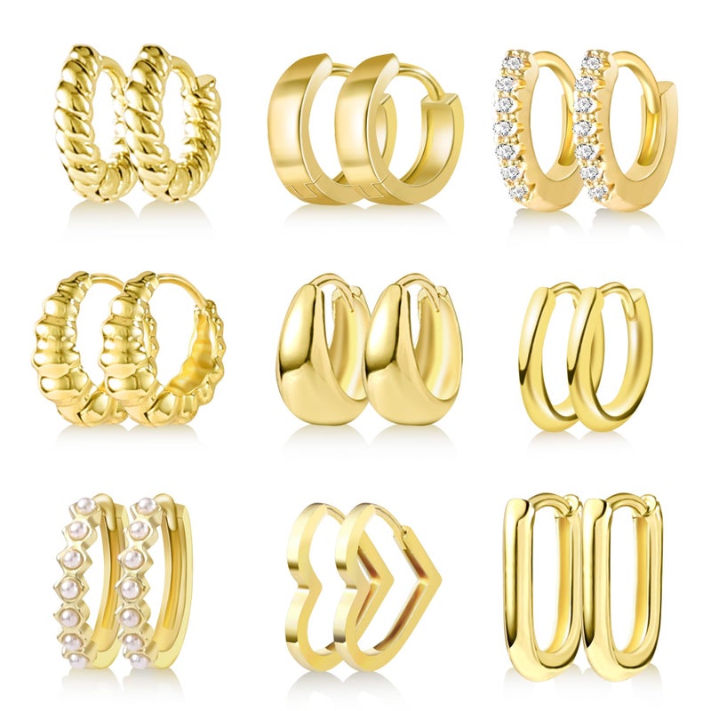 JMScape 9 Pairs Small Huggie Hoop Earrings Set for Women, 14K Real Gold Plated Hypoallergenic Cartilage Earrings, Lightweight Tiny Hoop Earrings for Gift - Image 1