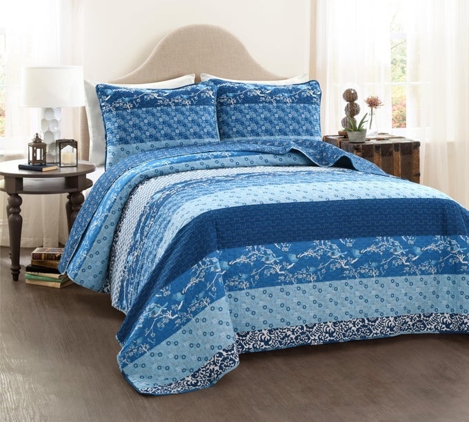 ROYAL EMPIRE REVERSIBLE COTTON QUILT SET 3 PIECE STRIPED BEDDING SET BOLD COLORFUL BOHEMIAN PATTERNS SOFT COTTON FEEL KING NAVY
