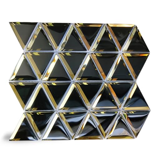 Diflart Beveled Mirror Glass Mosaic Tile, Black and Gold, 3 Inch Triangle, Glass Tile for Bathroom Kitchen Backsplash Shower Wall, Pack of 5 Sheets - Image 1