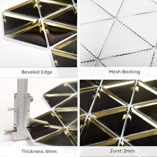 Diflart Beveled Mirror Glass Mosaic Tile, Black and Gold, 3 Inch Triangle, Glass Tile for Bathroom Kitchen Backsplash Shower Wall, Pack of 5 Sheets - Image 4