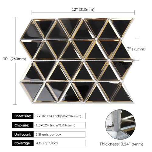 Diflart Beveled Mirror Glass Mosaic Tile, Black and Gold, 3 Inch Triangle, Glass Tile for Bathroom Kitchen Backsplash Shower Wall, Pack of 5 Sheets - Image 3