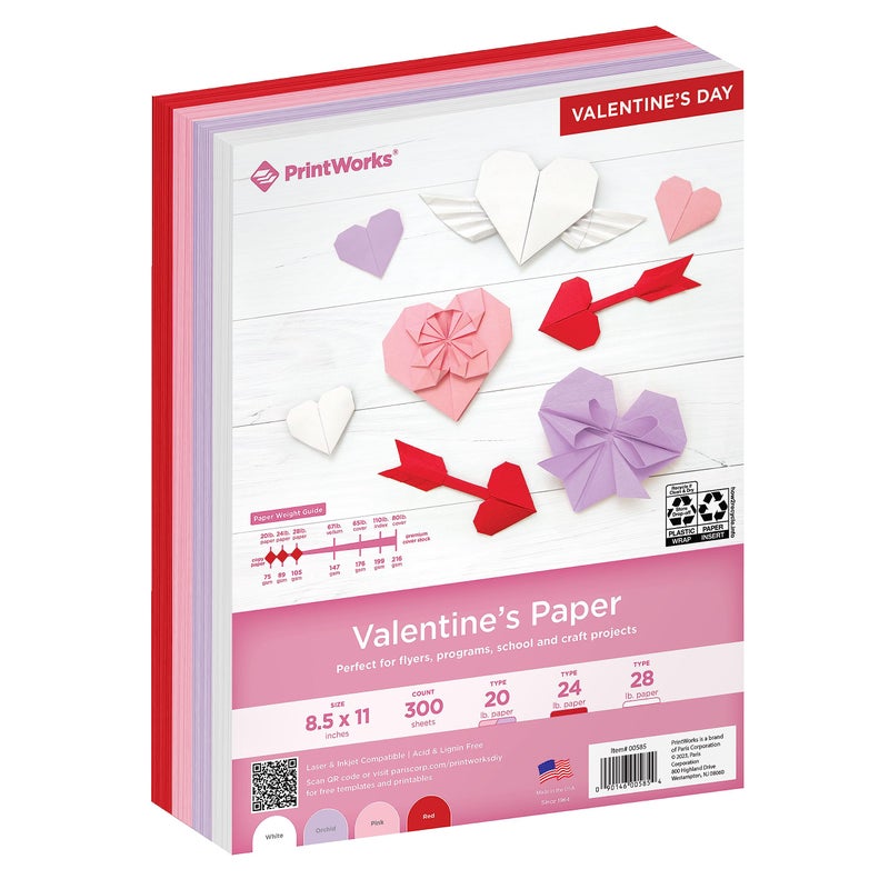 PrintWorks Valentine Paper 85 x 11 300 Sheets 4 Colors Red Pink White Orchid Ideal for School Craft Projects Made in The USA 20 lb75 GSM 24 lb89 GSM 28 lb105 GSM 00585