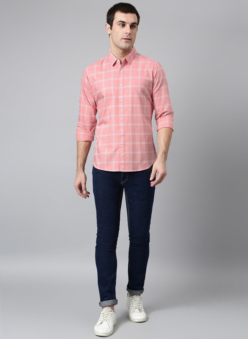 Dennis Lingo Slim Fit Pink Men's Checked Shirt, Spread Collar, Full Sleeves, 100% Cotton, - Image 5