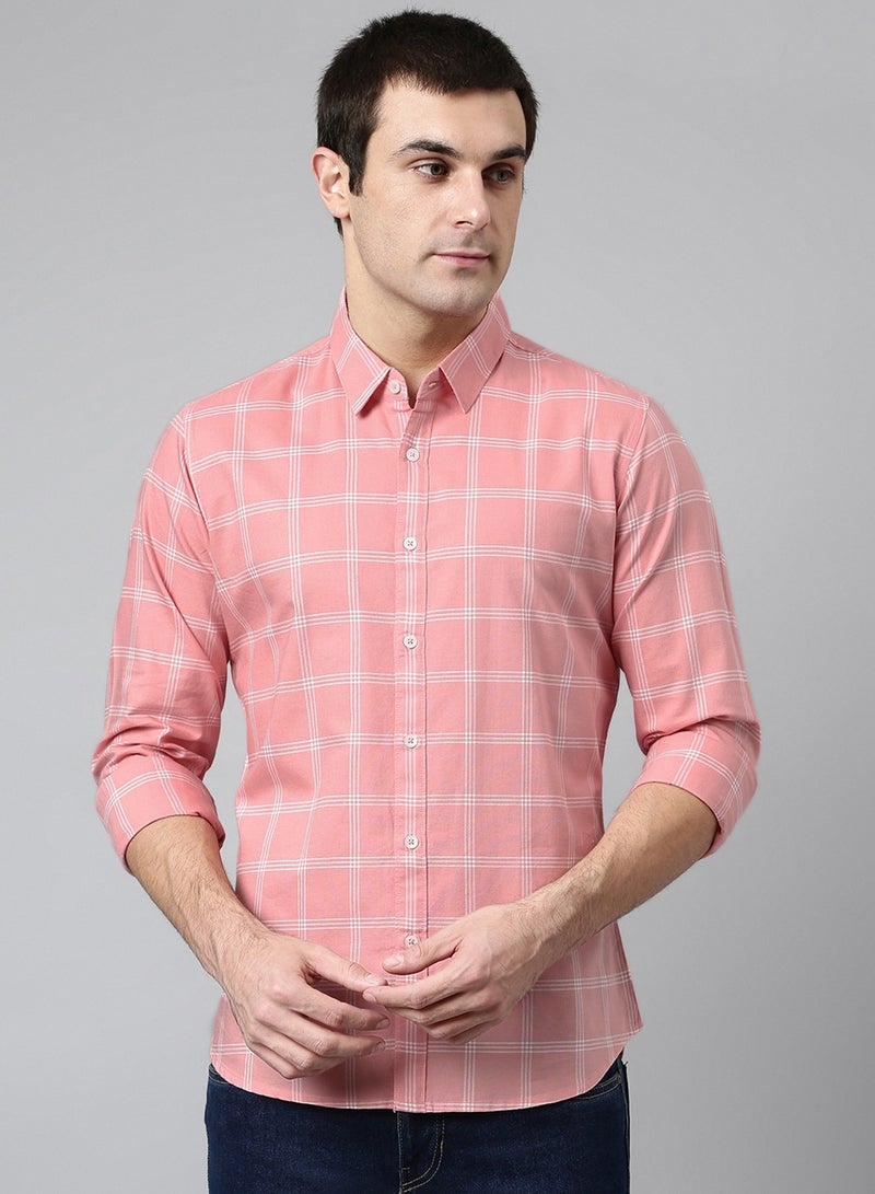 Dennis Lingo Slim Fit Pink Men's Checked Shirt, Spread Collar, Full Sleeves, 100% Cotton, - Image 1
