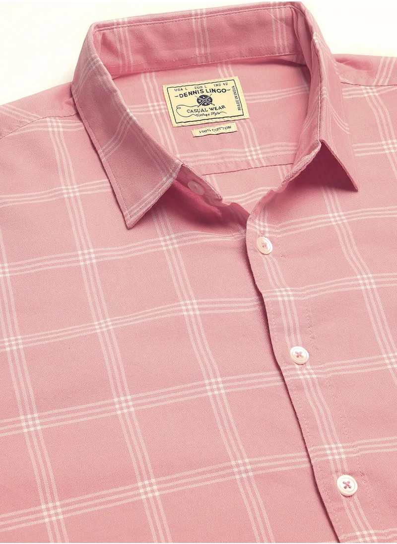 Dennis Lingo Slim Fit Pink Men's Checked Shirt, Spread Collar, Full Sleeves, 100% Cotton