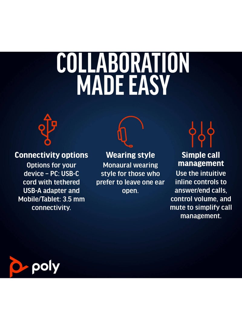 Poly Blackwire 5220 Stereo USB-C Headset, Black | 8X231AA - Image 3