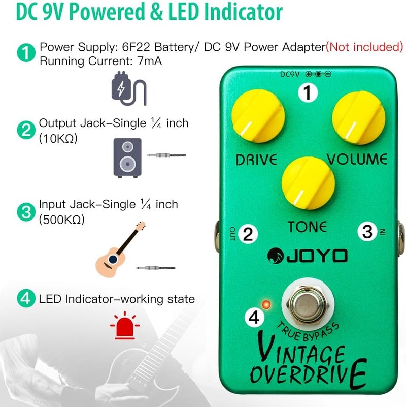 JOYO Vintage Overdrive Pedal Classic Tube Screamer Pedal for Electric Guitar with True Bypass (JF-01) Stain resistant - Image 5