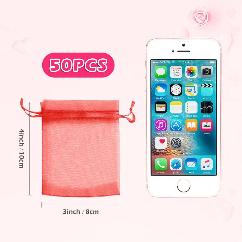 Anznku 50 Pcs 3X4 Inch Organza Gift Bags - Small Mesh Drawstring Jewelry & Candy Bags For Christmas  Wedding  Party Favor (Red) - Image 2