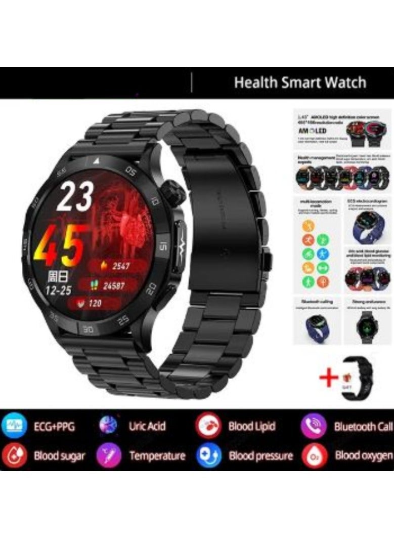 AROAQ Blood Sugar 1.43 Inch Smart Watch AMOLED Display Blood Lipid Uric Acid Health Monitor Sport Watch Smart ECG+PPG HD Bluetooth Call AI Voice Smartwatch SOS (Stainless Steel With 1 Extra Straps) - Image 1