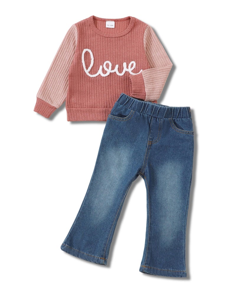 SODLON 2T Girl Clothes Toddler Girl Clothes 3T Winter Outfits Pink Girls Sweatsuit Knit Sweater Sweatshirt Bottoms Jeans Spring Denim Pants 2 3 Year Old Clothing Set - Image 1