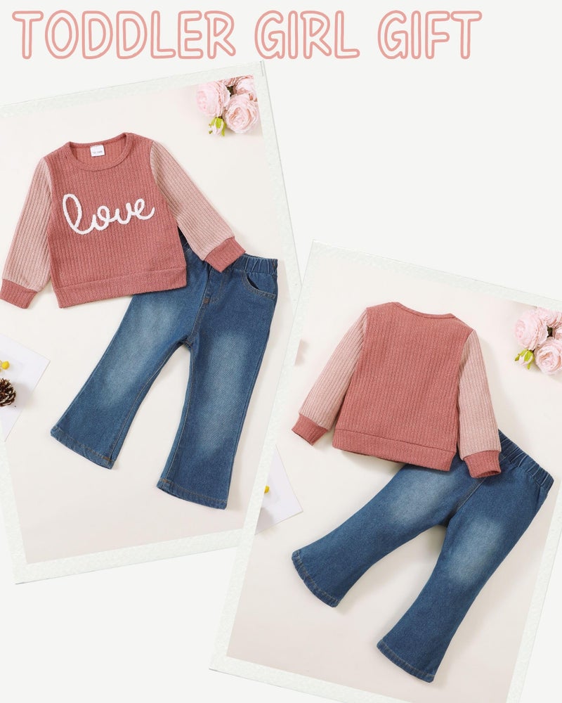 SODLON 2T Girl Clothes Toddler Girl Clothes 3T Winter Outfits Pink Girls Sweatsuit Knit Sweater Sweatshirt Bottoms Jeans Spring Denim Pants 2 3 Year Old Clothing Set - Image 5