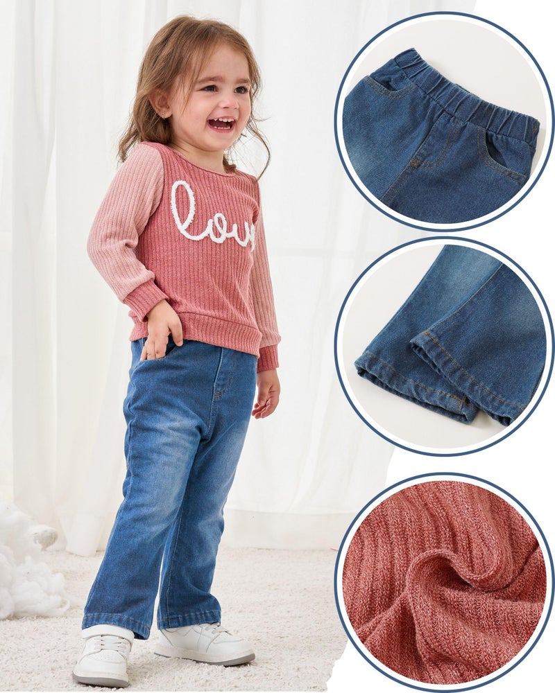 SODLON 2T Girl Clothes Toddler Girl Clothes 3T Winter Outfits Pink Girls Sweatsuit Knit Sweater Sweatshirt Bottoms Jeans Spring Denim Pants 2 3 Year Old Clothing Set - Image 3