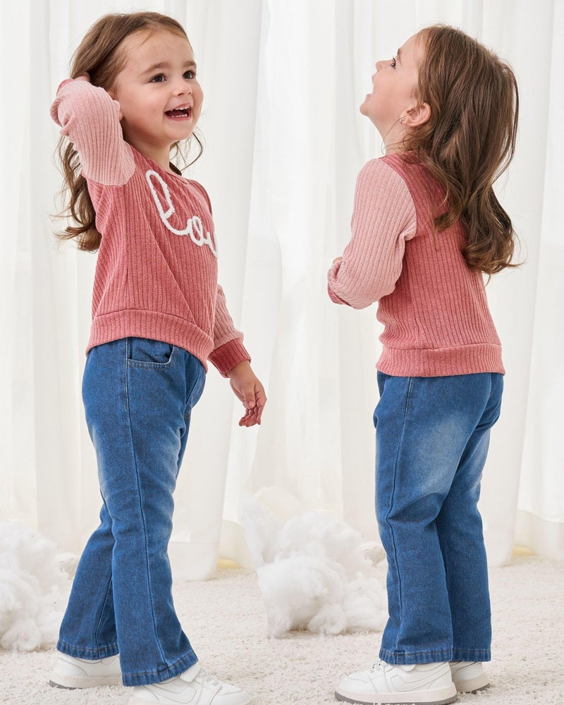 SODLON 2T Girl Clothes Toddler Girl Clothes 3T Winter Outfits Pink Girls Sweatsuit Knit Sweater Sweatshirt Bottoms Jeans Spring Denim Pants 2 3 Year Old Clothing Set - Image 4