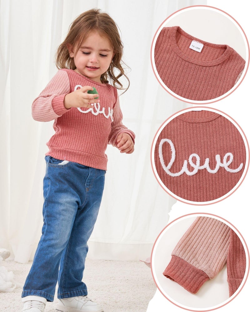 SODLON 2T Girl Clothes Toddler Girl Clothes 3T Winter Outfits Pink Girls Sweatsuit Knit Sweater Sweatshirt Bottoms Jeans Spring Denim Pants 2 3 Year Old Clothing Set - Image 2