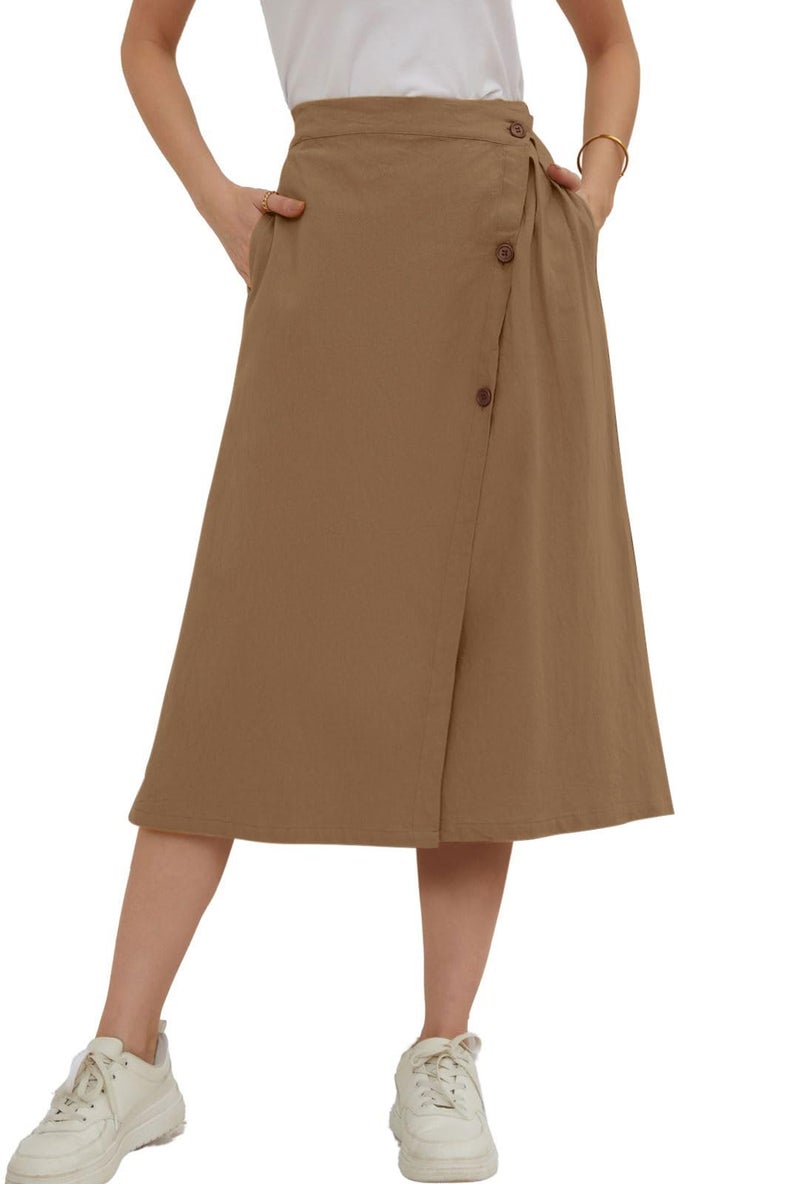 CHARTOU Womens Summer Linen Elastic Back Buttoned Swing Midi A Line Skirt LargeKhaki