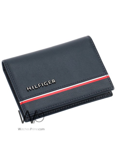 Tommy Hilfiger Natural Leather Double Folding Card Wallet For Men In Blue