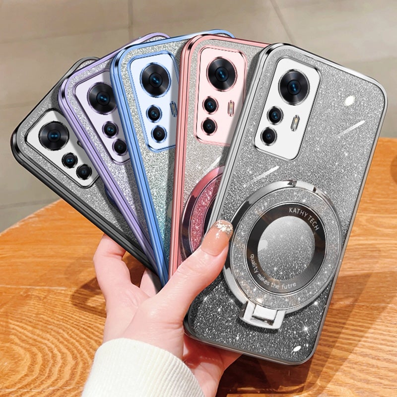 BURAQ Case Cover For Xiaomi 12T Pro Plated Gradient Glitter Round Holder TPU Phone Case(Black) - Image 2