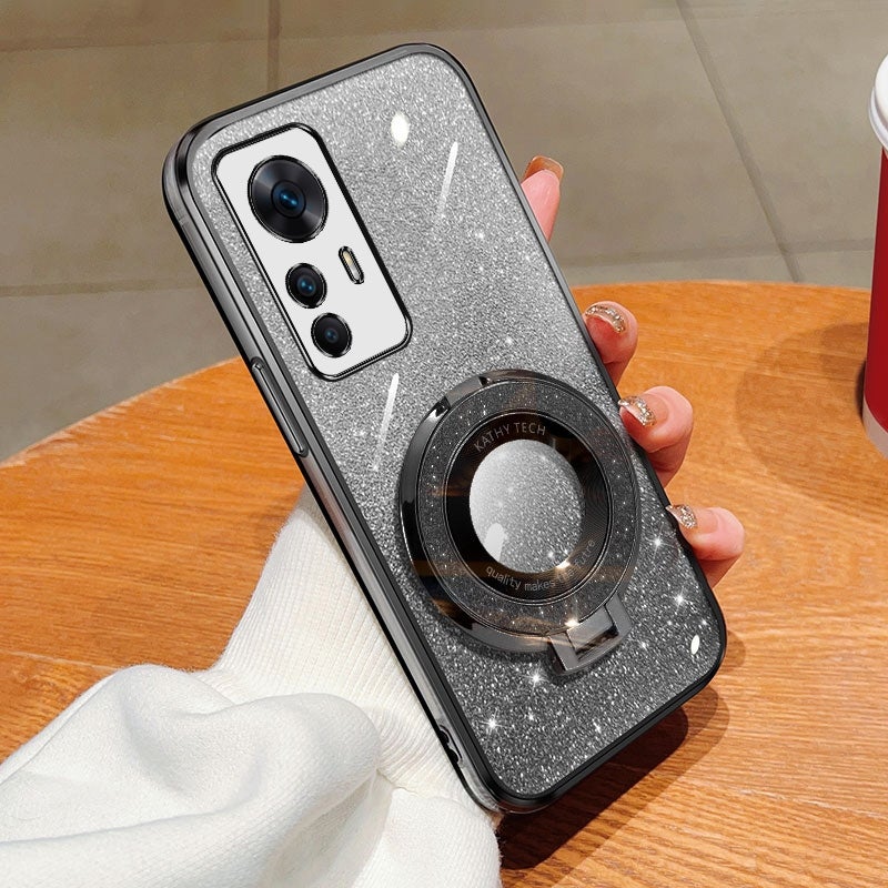 BURAQ Case Cover For Xiaomi 12T Pro Plated Gradient Glitter Round Holder TPU Phone Case(Black) - Image 1