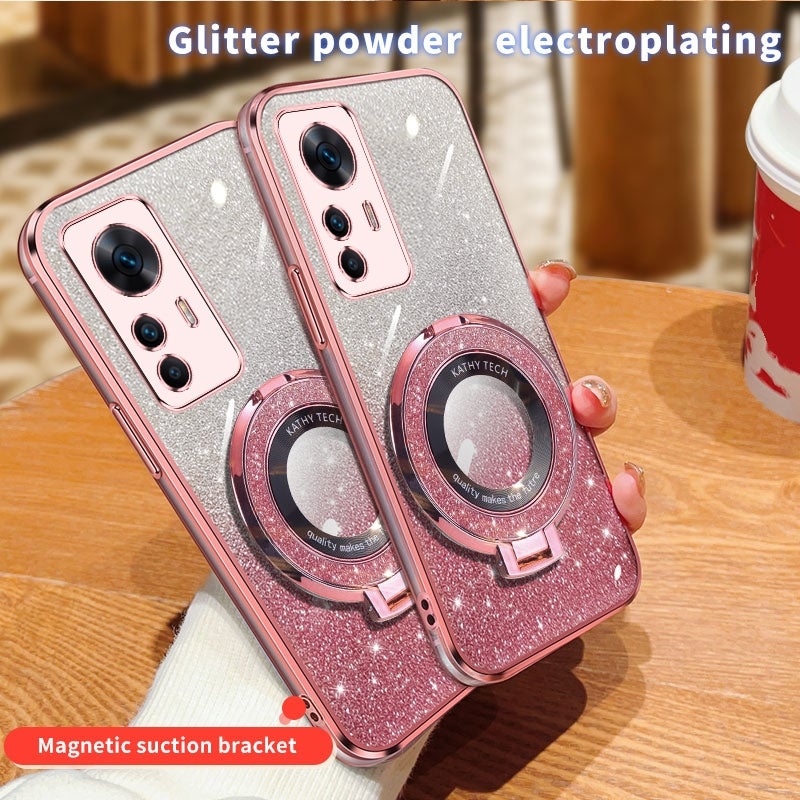 BURAQ Case Cover For Xiaomi 12T Pro Plated Gradient Glitter Round Holder TPU Phone Case(Black) - Image 3