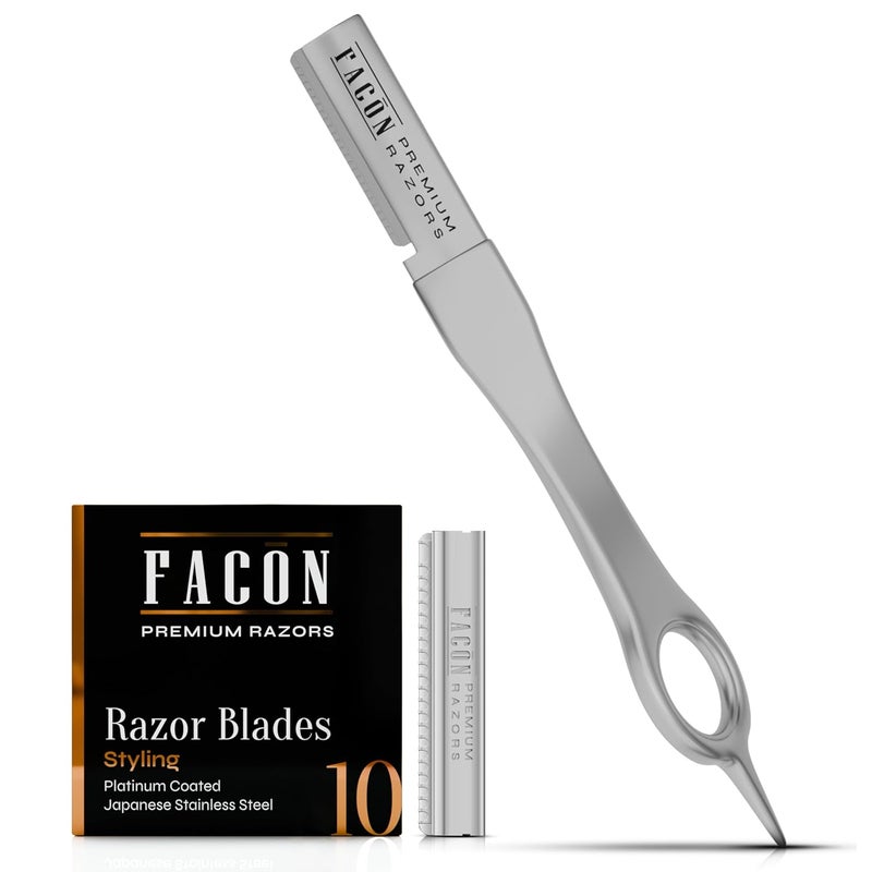 FACON Facón Beard Razor for Men - Professional Beard Shaping Tool Grooming Kit with 11 Replacement Blades, Mustache Shaper, Edger & Lineup, Premium Precision Straight Edge Razor 100% Stainless Steel Blade - Image 1