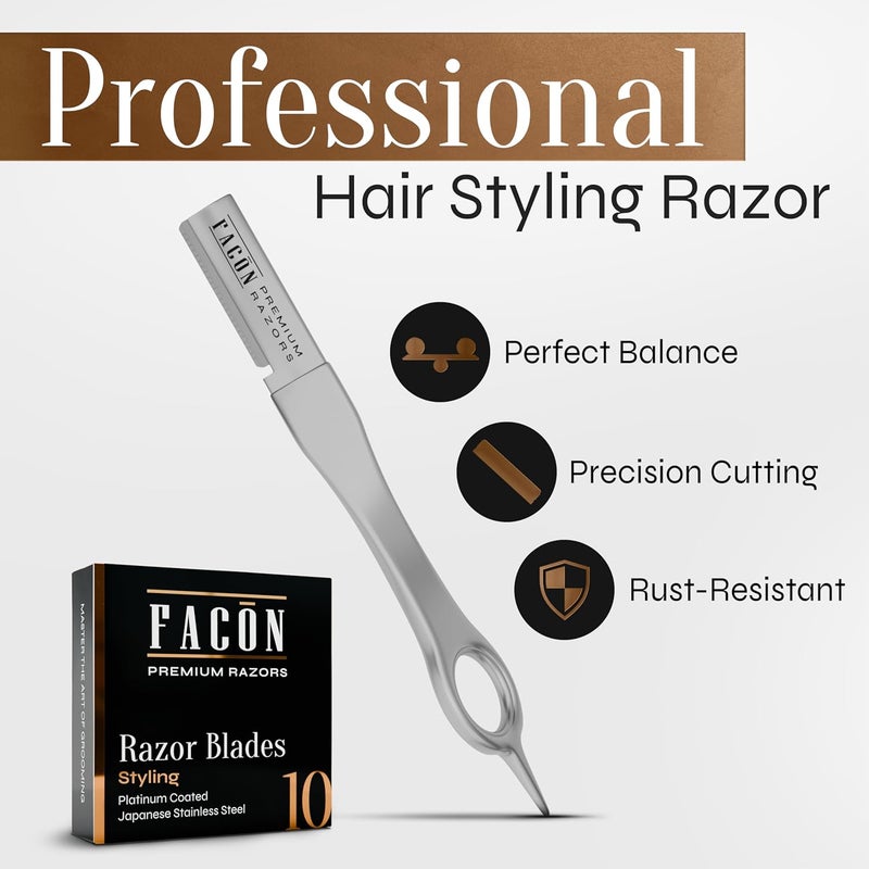 FACON Facón Beard Razor for Men - Professional Beard Shaping Tool Grooming Kit with 11 Replacement Blades, Mustache Shaper, Edger & Lineup, Premium Precision Straight Edge Razor 100% Stainless Steel Blade - Image 2