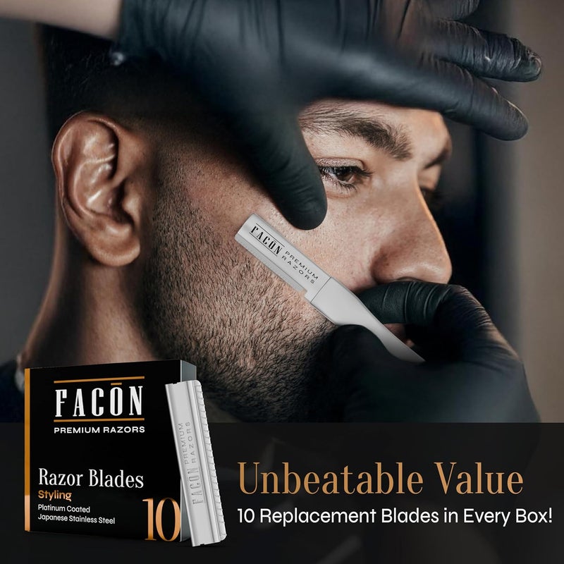 FACON Facón Beard Razor for Men - Professional Beard Shaping Tool Grooming Kit with 11 Replacement Blades, Mustache Shaper, Edger & Lineup, Premium Precision Straight Edge Razor 100% Stainless Steel Blade - Image 5