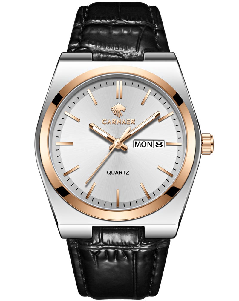 CARNAER Valoredge Men Watch – Dual-Tone Silver-Rose Gold, Zinc Alloy Case, Leather Strap, Day & Date, Luminous Hands, Water Resistant Quartz Watch for Men (Black-White) - Image 1