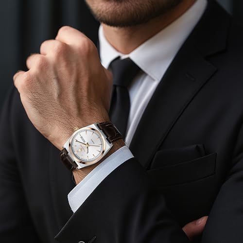 CARNAER Valoredge Men Watch – Dual-Tone Silver-Rose Gold, Zinc Alloy Case, Leather Strap, Day & Date, Luminous Hands, Water Resistant Quartz Watch for Men (Black-White) - Image 3