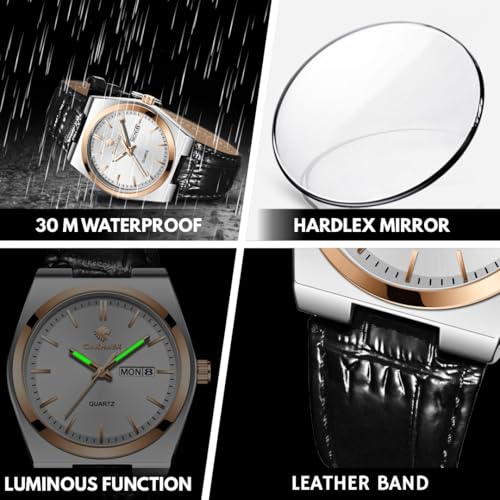 CARNAER Valoredge Men Watch – Dual-Tone Silver-Rose Gold, Zinc Alloy Case, Leather Strap, Day & Date, Luminous Hands, Water Resistant Quartz Watch for Men (Black-White) - Image 5