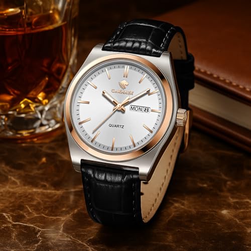 CARNAER Valoredge Men Watch – Dual-Tone Silver-Rose Gold, Zinc Alloy Case, Leather Strap, Day & Date, Luminous Hands, Water Resistant Quartz Watch for Men (Black-White) - Image 2