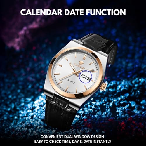 CARNAER Valoredge Men Watch – Dual-Tone Silver-Rose Gold, Zinc Alloy Case, Leather Strap, Day & Date, Luminous Hands, Water Resistant Quartz Watch for Men (Black-White) - Image 4