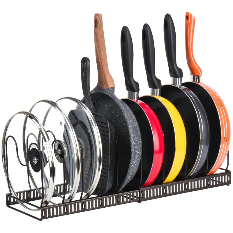 Toplife Expandable Pans Organiser Rack 10 Adjustable Compartments Pantry Cupboard Bakeware Lid Plate Holders Brown