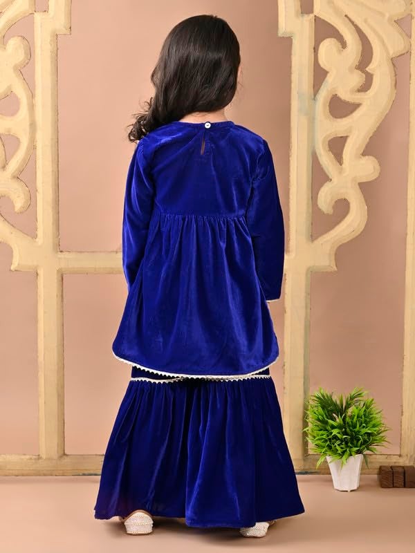 superminis Girls Velvet Gotta Work Kurti with Elasticated Waistband Sharara Set (18-24 Months, Blue) - Image 4