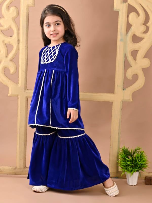 superminis Girls Velvet Gotta Work Kurti with Elasticated Waistband Sharara Set (18-24 Months, Blue) - Image 2