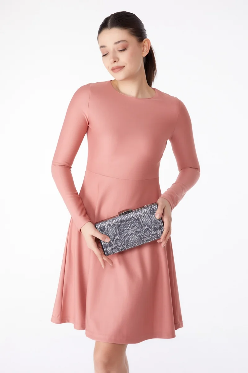 Tofisa Plain Crew Neck Women's Pink Mini Evening Dress - 13191