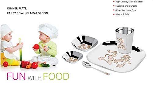 MARWALL 5 Pcs Cartoon Laser Print Stainless Steel Kids Dinner SetSquare2 Bowls 1 Glass 1 Spoon 1 Plate - Image 2